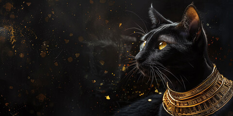 Black cat with gold jewelry. Bastet is an ancient Egyptian goddess.