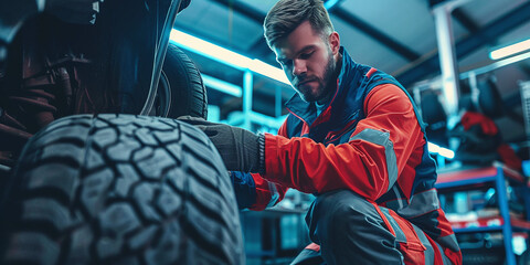 Auto mechanic changing a tire in a repair shop