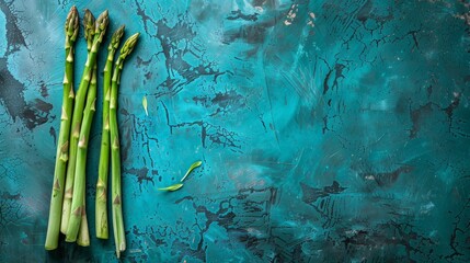 Fresh green asparagus on rustic turquoise background