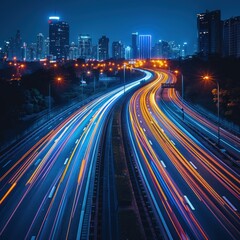 Obraz premium High-speed light trails moving blurred against the city skyline background, representing fast digital technology and urban life. Abstract concept of speed on the highway with long exposure effect.