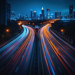 Obraz premium High-speed light trails moving blurred against the city skyline background, representing fast digital technology and urban life. Abstract concept of speed on the highway with long exposure effect.