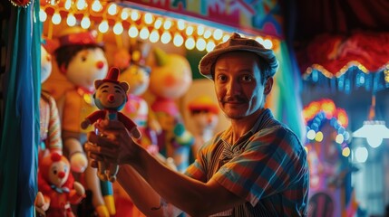 The picture of the puppeteer is selling marionette at the shop with colourful light background, the puppeteer require skill like audience engagement, creativity, puppetry expertise, experience. AIG43.