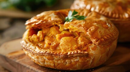 A small pie with a thick curry filling of chicken and potatoes encased in a fried or baked pastry shell
