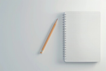 top-down view blank lined notebook spiral binding lying white surface. yellow pencil. simple clean minimal composition focus blank notebook pencil. concept: mockup template for text design to write 