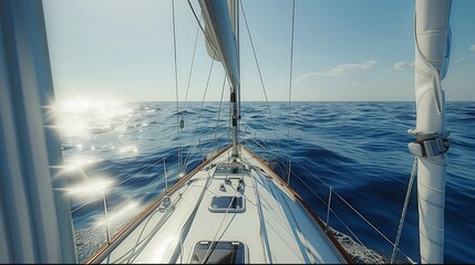 Fototapeta premium Bow view of a sport sailboat, calm ocean waters in the background. Blue and white tones,The sky is clear with soft sunlight. Generative AI.