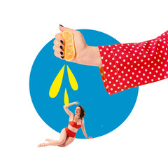 Young woman in vintage style red polka-dot swimwear lying under drops of lemon juice squeezed by hand. Refreshment on beach. Contemporary art collage. Concept of pop art, food, retro style, creativity