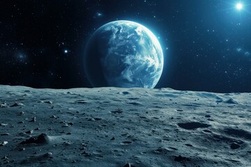 Breathtaking view of earth rising above the moon's barren surface against the backdrop of space