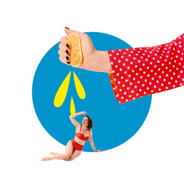 recommend clip art: Young woman in vintage style red polka-dot swimwear lying under drops of lemon juice squeezed by hand. Refreshment on beach. Contemporary art collage. Concept of pop art, food, retro style, creativity