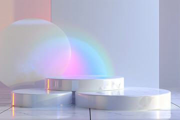 Modern White Podium with Subtle Rainbow Lighting in a Minimalist Setting