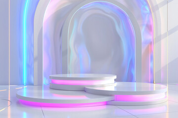 Futuristic White Podium with Neon Pink and Blue Lighting in a Modern Abstract Setting