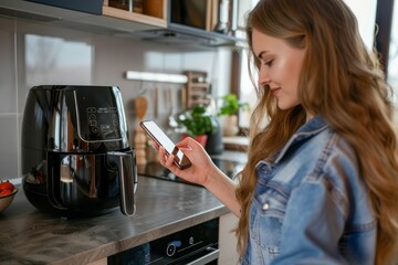 Young Woman Using Smartphone to Control Air Fryer in Modern Kitchen