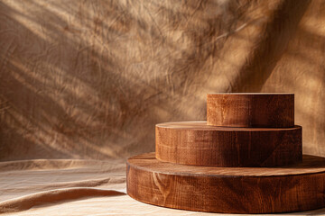 Wooden Podium with Warm Lighting on a Textured Fabric Background