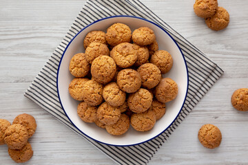 Homemade Sweet and Crunchy Amaretti on a Plate, top view. Flat lay, overhead, from above.