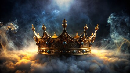 Luxurious golden crown of a monarch placed on a mysterious dark background surrounded by eerie fog, ideal for logo design and majestic visual representation.