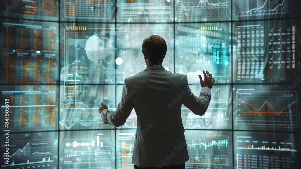 Poster Business man trying to hit an image of business data visualization on a screen, in the style of precisionism influence. Generative AI.