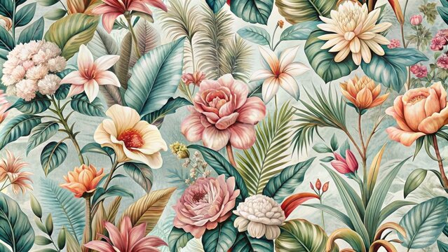 Fototapeta Exotic vintage floral wallpaper featuring a lush arrangement of tropical flowers in soft pastel hues, adorned with intricate botanical illustrations and ornate design elements.