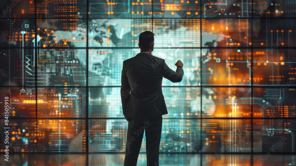 Leinwandbilder business man trying to hit an image of business data visualization on a screen, in the style of prec