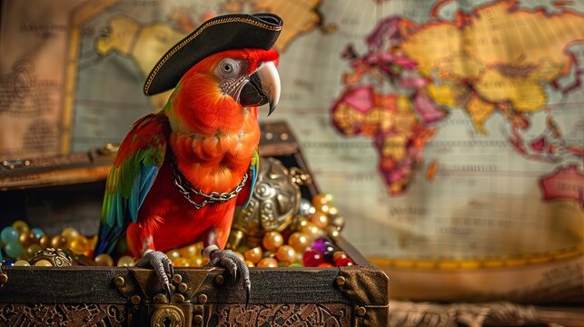 A parrot wearing a pirate hat, perched on a miniature treasure chest filled with colourful beads and shiny trinkets. 