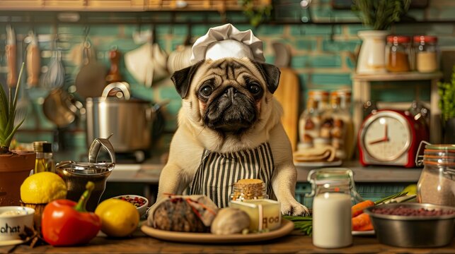 A pug dog posing as a chef with a chef's hat and apron, standing in the kitchen. 
