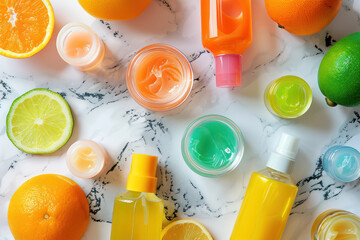 citrus themed beauty products on marble background with fresh fruits