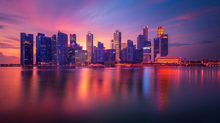 Fototapeta premium Singapore skyline at dusk with vibrant city lights reflection