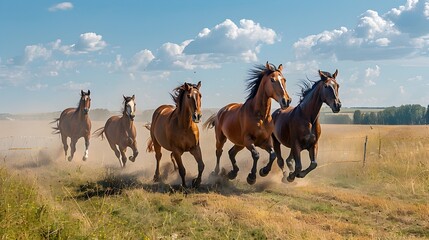 Fototapeta premium Herd of Horses Galloping Through Fenced Paddock Kicking Up Dust in Rural Countryside