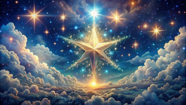 Whimsical illustration of a starry night sky with a large, sparkling star surrounded by tiny, twinkling companions amidst soft, feathery clouds.