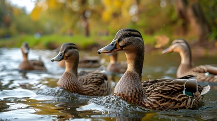 Obraz premium Group of Ducks Swimming in Tranquil Pond on Lush Farmland Landscape