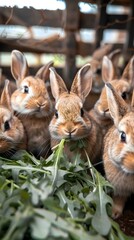 Fototapeta premium Group of Rabbits Munching on Fresh Greens in a Farming Concept with Copy Space