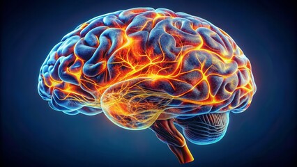 Vivid mri scan of the human brain against a dark backdrop, showcasing intricate neural networks and highlighted regions in radiant orange, perfect for educational exhibits.