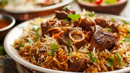 Fototapeta premium A plate of fragrant biryani rice topped with tender chunks of lamb or chicken, garnished with caramelized onions and fresh herbs, a beloved Indian rice dish