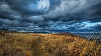 Storm clouds over coastal trail and field with dramatic skies - Powered by Adobe