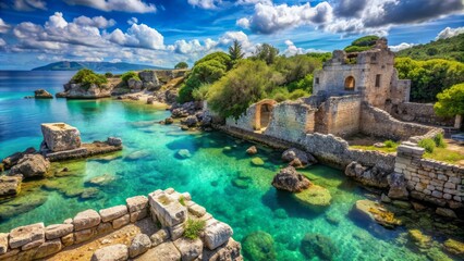Ancient crumbling stone structures overlook serene turquoise waters, surrounded by lush greenery, under a vibrant blue sky, evoking a sense of mystique and forgotten history. - Powered by Adobe