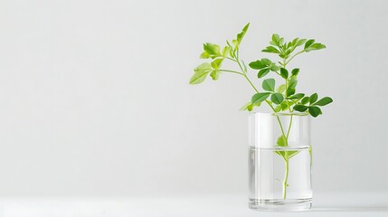 A small rue plant in a glass vase on a white background.