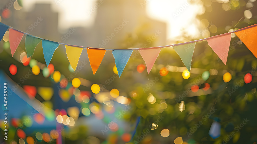 Wall mural Colorful triangular flags flutter gently on a string, illuminated by the warm glow of the setting sun. The bokeh effect of the background lights creates a magical atmosphere for summer festivals