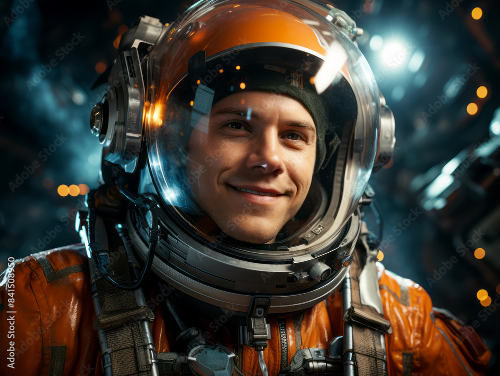 Poster Smiling astronaut in orange space suit, realistic style, on a bokeh lights background, concept of space exploration. Generative AI