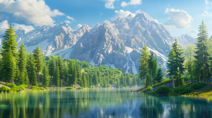 Serene mountain landscape with forest and reflective lake