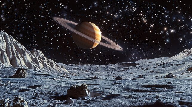 A massive, ringed planet seen from its moon, with stars in the sky