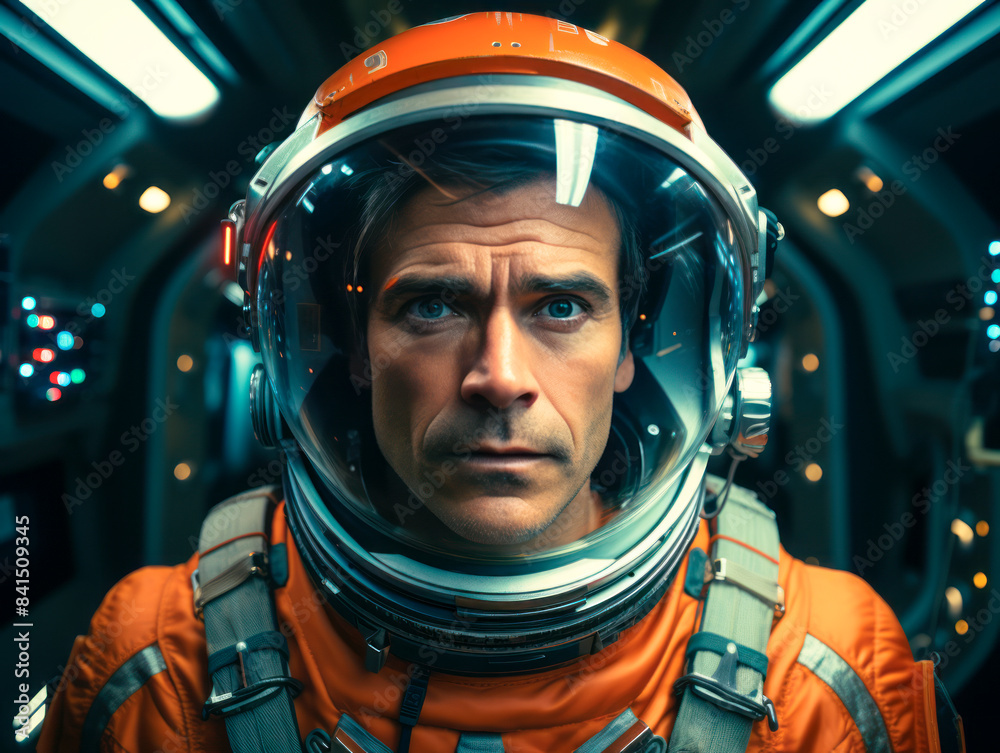 Aufkleber An astronaut in an orange spacesuit inside a spacecraft, realistic style, against a technological background, concept of space exploration. Generative AI