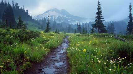 Scenic mountain trail through wildflower meadow after rain