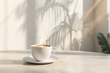 Obraz premium a cup of fresh hot aromatic coffee against the background of a white wall with shadow from plants