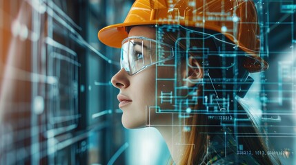 Side view of a female construction engineer with superimposed architectural blueprints, symbolizing her role in architectural planning.