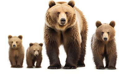 Fototapeta premium A mother bear and her three cubs standing together. isolated on white background 