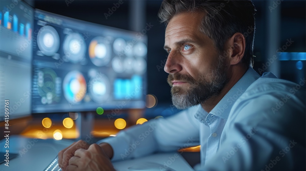 Poster businessman managing a project on computer, in a well-lit office, focused expression. generative ai.