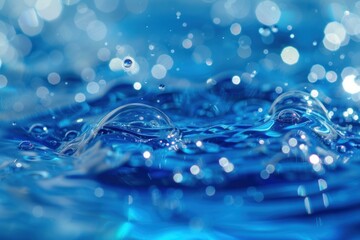 Close-up of sparkling water droplets on a serene blue background with bokeh effect