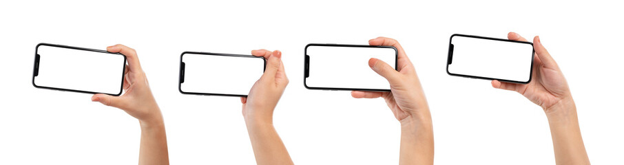 Hand holding the black smartphone with blank screen isolated on white background, clipping path.
