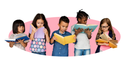 Kids reading books png badge sticker, transparent background