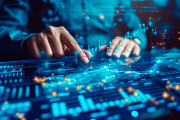 Person interacting with futuristic holographic interface against a dark background, concept of advanced technology. Generative AI