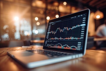 The laptop screen displays various graphs and numbers, giving the impression of intense work or data analysis. A cup of coffee and a notepad with pen surround the laptop, adding a sense of comfort and