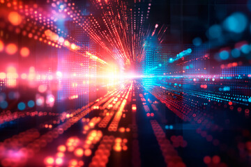 A dynamic abstract light display of red and blue dots converging towards a bright center, on a dark background, concept of digital information flow. Generative AI